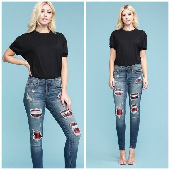 Judy Blue Buffalo Plaid Patch Skinny Jeans Size 5 - Picture 4 of 11